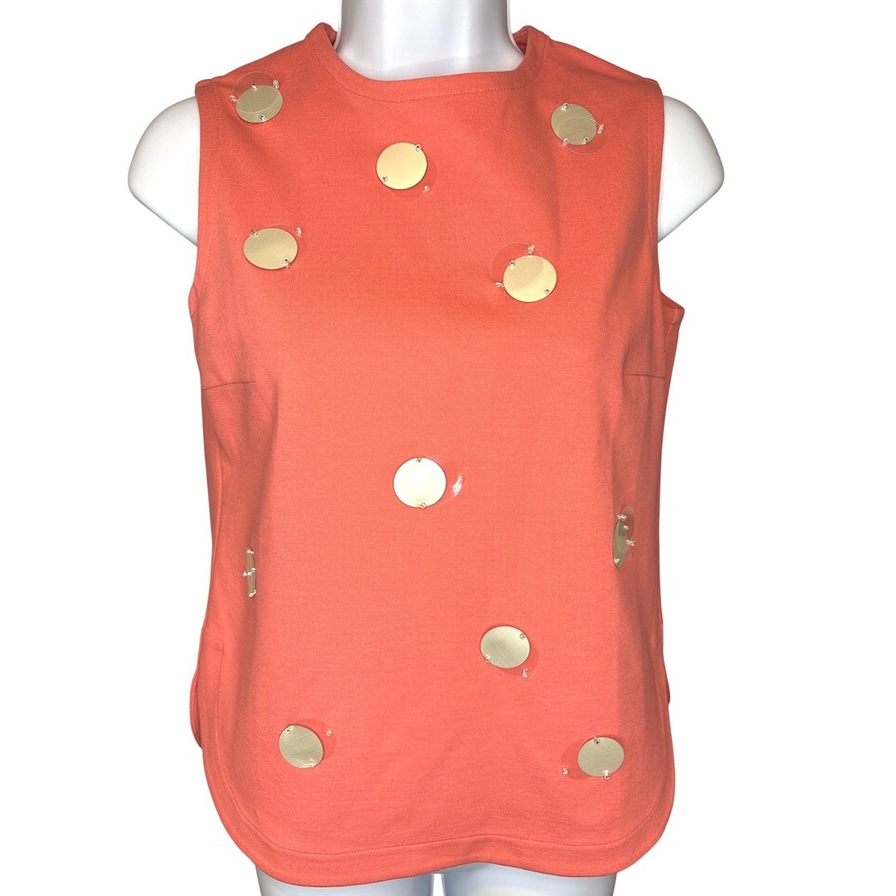 Akris Punto Womens Coral Orange Sequin Sleeveless Top 2 Avant Garde Designer Mod